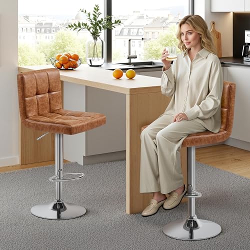 Image of Yaheetech Bar Stools Set of 2, PU Leather Swivel Barstools, Height Adjustable Counter Chairs, Modern Stools with Back for Bar Kitchen Island Dining Room, Retro Brown