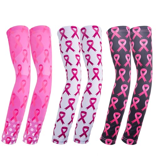 Yxmeiguo Breast Cancer Awareness Arm Sleeves Pink Ribbon Cooling Sun Protection Cover UV Protection Compression Arm Sleeve for Youth Adults Women Men Outdoor Sports Football Baseball, 3 Pairs