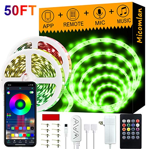 Micomlan 50ft/15M Led Strip Lights,Music Sync Color Changing RGB LED Strip Lights Built-in