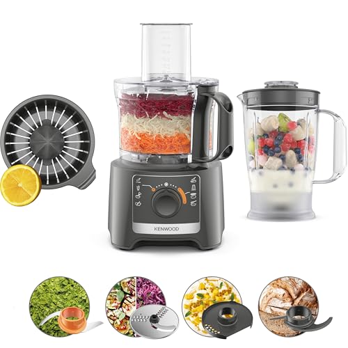KENWOOD Food Processor 800W Multi-Functional with Blender Citrus Juicer Reversible Slicing/Grating Disk Emulsifying Disk for Whisking Dough Maker Knife Blade FDP31.270GY Grey