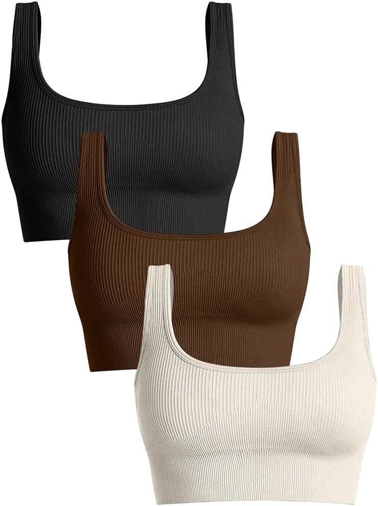OQQ Women's 3 Piece Medium Support Tank Top Ribbed Seamless Removable Cups Workout Exercise Sport Bra