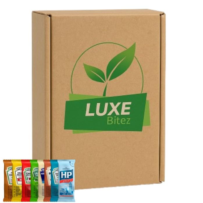 Pick N Mix Sauces| Choose From Tomato Ketchup HP Sauce Mayonnaise Salad Cream Barbeque Malt Vinegar English Mustard | 50 Sachets (10 of Each Flavour) | Compatible For Heinz By Luxe Bitez