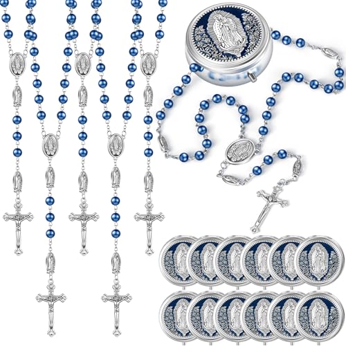 Jadive 24 Sets Catholic Rosary Necklace 6mm Glass Pearl Beaded Necklace with Metal Gift Box for Women Men Prayer Gift