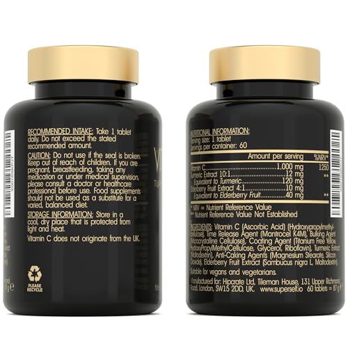 Vitamin C 1000mg Tablets High Strength - Slow Release Formula with Elderberry & Turmeric - 60 Tablets - Vegan VIT C Supplement - Plant-Based Immune System Support Complex - UK Made - Image 4