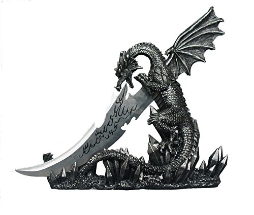 DWK Wicked Fire-Breathing Dragon Stone Grey Knife Holder with Menacing-Looking Dagger - Unique Medieval Style Collectible Decor for Enthusiasts of Fantasy Weapons