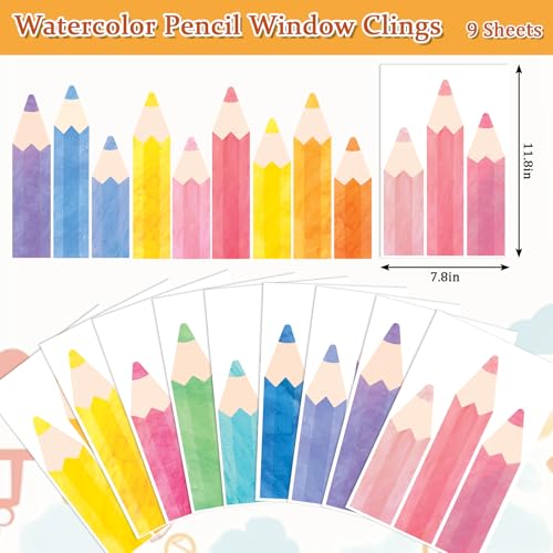 Image of Whaline 9 Sheet Watercolor Pencil Window Clings Back to School Pastel Color Pencil Reusable Window Decals for First Day of School Home Nursery Classroom Decor