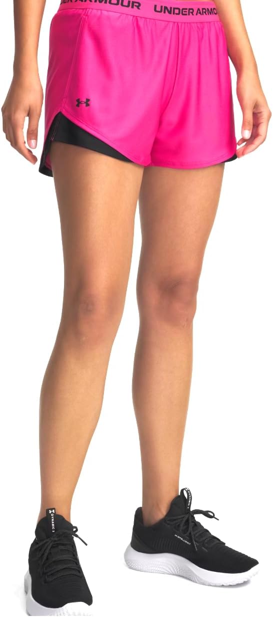 Under Armour Women's Tech Play Up Short, 3" Inseam Low Rise with Pockets, Quick Dry, Athletic Shorts for Workout, Running, and Gym, Virtual Pink/Black, Medium