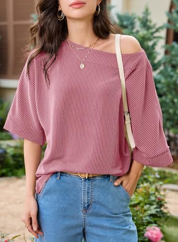 EVALESS 3/4 Length Sleeve Womens Tops Casual Boat Neck Batwing Sleeve Off The Shoulder Shirts Summer Fall Knitted Oversized T Shirts Dusty Rose XX-Large — view 2