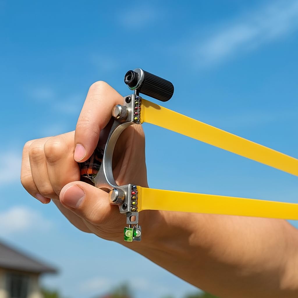 Profi Schleuder mit Zubehör – Slingshot Set mit Tonkugeln, Holzgriff, Wasserwaage, Ersatzgummi und Schild & Tragetasche – Hochwertige Zwille für Outdoor, Sport, Training & Survival