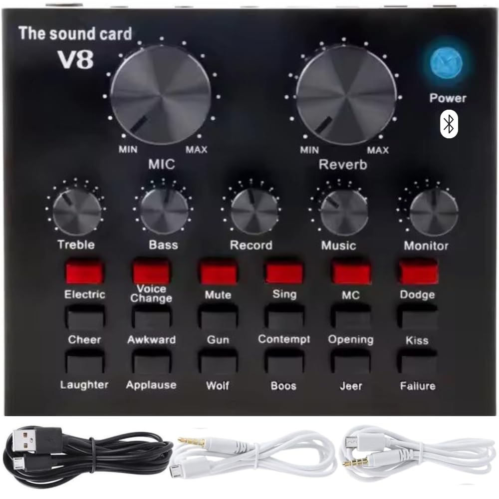 TECHBLAZE Mini Live Sound Card Bluetooth audio mixer with 12 Sound Effects Voice Changer DJ mixer audio interface For Live streaming broadcast Youtube Home Karaoke Singing Recording