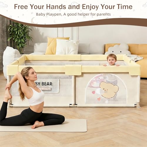 Image of Playpen for Baby up to 4 Years Playards with Pit Balls and Anti-Fall Grasp Rings, Kids Activity Center with Safety Lock & Small Storage Bag (No Mat, Non-Foldable) (150x180cm Yellow)