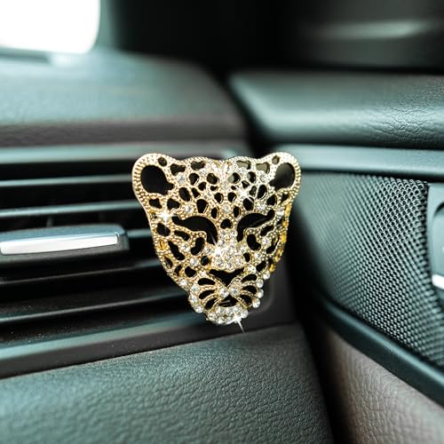 Image of Bling Rhinestone Leopard Head Car Air Freshener Vent Clip, Sparkly Cheetah Print Auto Decoration, Refillable Essential Oil Diffuser, Cute Car Accessories for Women