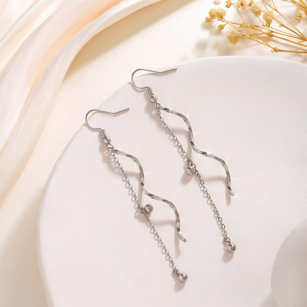 Campsis Wedding Silver Dangle Earrings, Long Spiral Earrings, Tassel Drop Earring Jewelry for Women - Image 7
