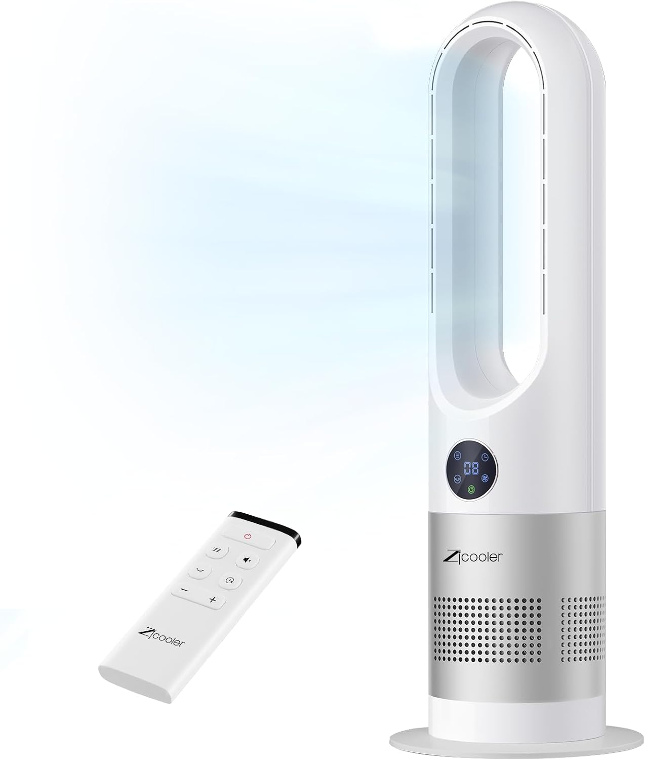 ZICOOLER Bladeless Fan for Bedroom, 8 Speeds & 90° Oscillation Bladeless Fan with Remote, 9H Timer, Large LED Display, Safety Design for Kids & Pets, Portable Tower Fan for Office Bedroom White + Silver