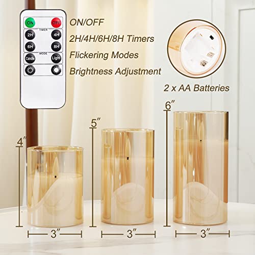 Image of Homemory Amber Glass Flameless Candles, Battery Operated LED Pillar Candles with Remote Control and Timer, Radiance Candles, Real Wax, Set of 3,D3 xH4 5 inch 6 inch