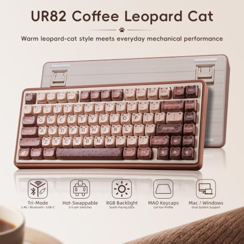 Image of ZORNHER UR82 Mechanical Keyboard,75% Wireless Creamy Gaming Keyboard with Cute Leopard Cat Kawaii Glowing Kitty Ear Mao Keycaps, Aesthetics Compact Brown Keyboard for Home Office,Coffee Brown