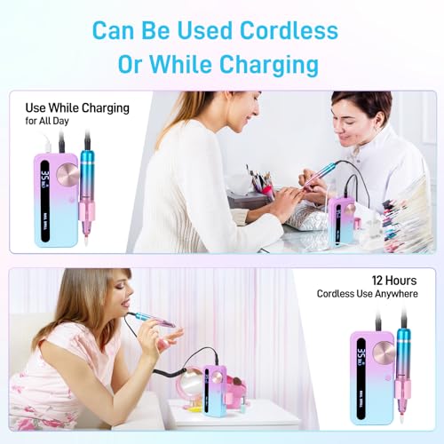 Professional Electric Nail Drill Machine, 35000 RPM Rechargeable E-File for Acrylic Nails, Cordless Nail Drill with 18 Bits and Sanding Bands Kit, Perfect for Manicures, Salons, and Home Use