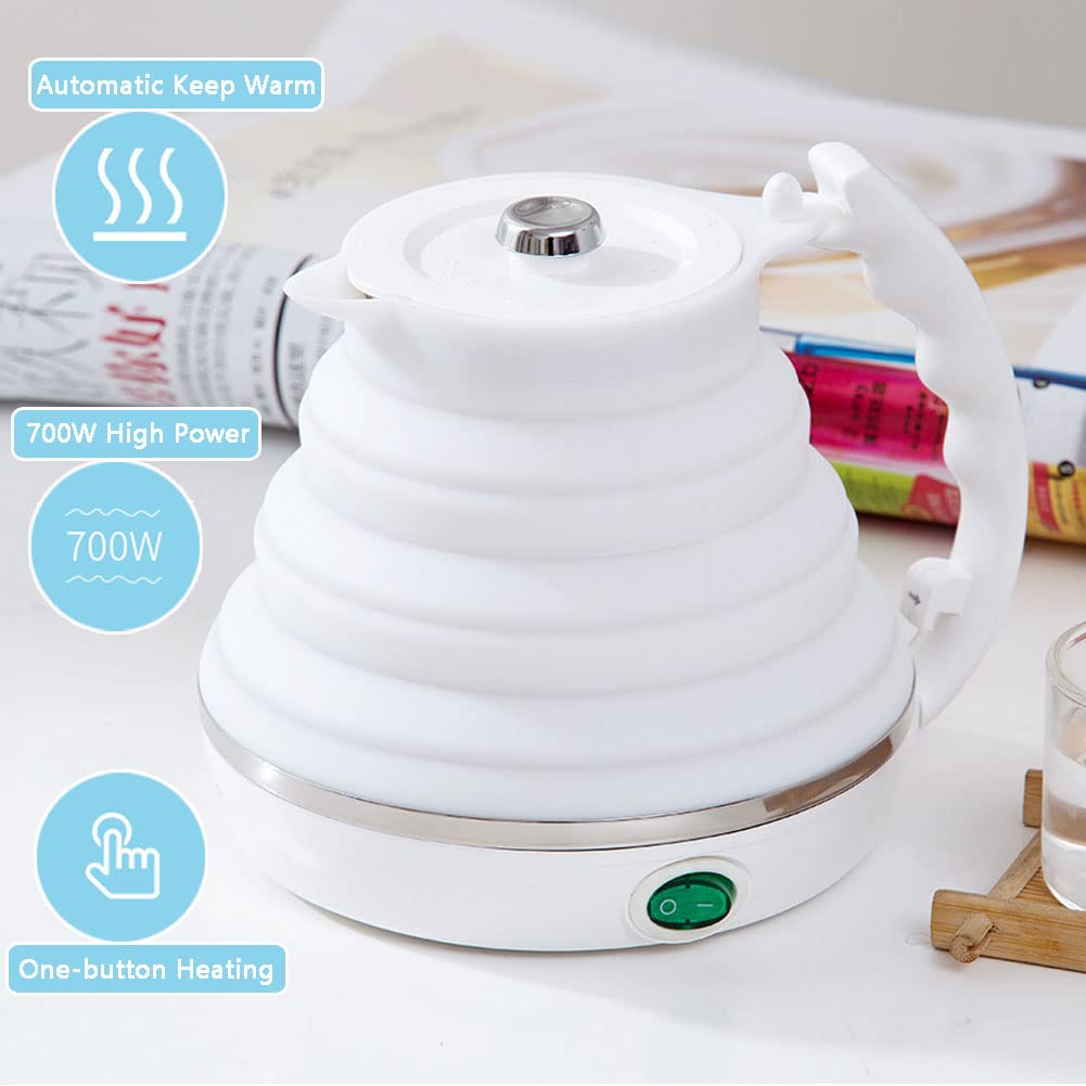 Bollitore elettrico pieghevole da viaggio,scaldabagno elettrico da campeggio 555ml in silicone per acqua calda,bollitore pieghevole a doppia tensione con fondo in acciaio inossidabile bianco 100-240V