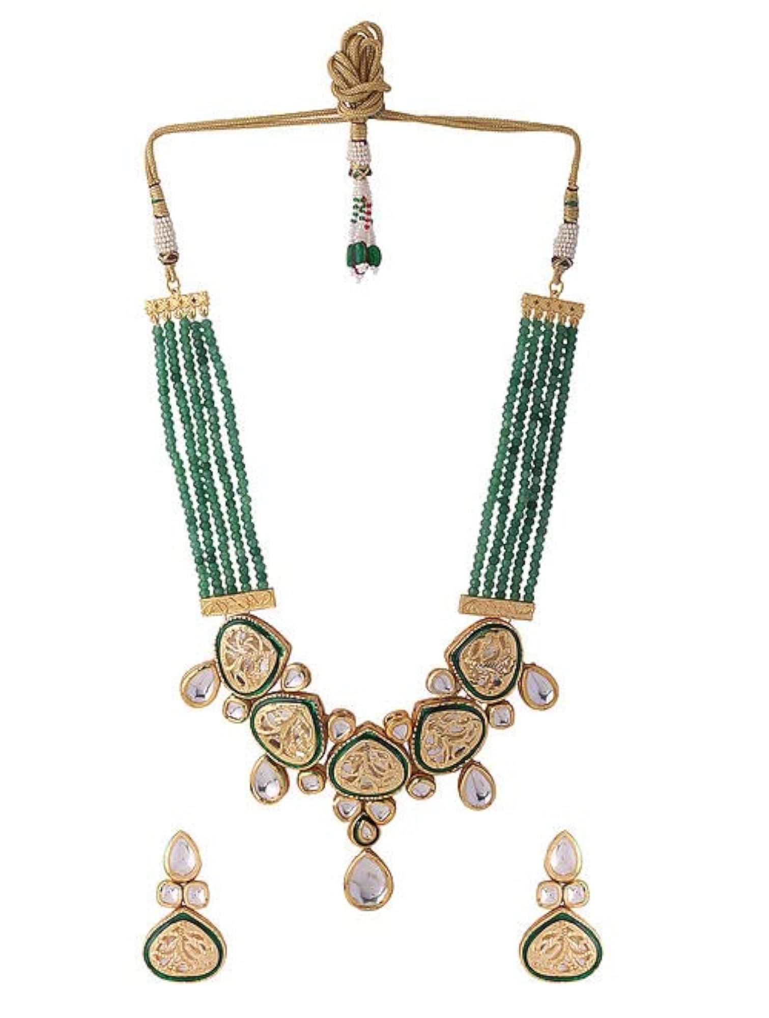 Beautiful Meenakari Long Kundan Necklace with Green Beads Set