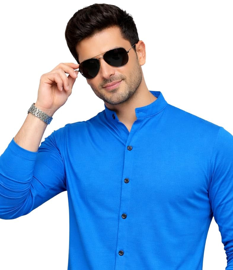 Image of Blisstone Men's Band Collar Shirt - Full Sleeve Slim Fit Casual Cotton Blend Mandarin Collar Button Down Shirt