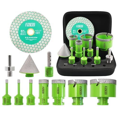 FACHLICH Set di punte diamantate per piastrelle – 11 pezzi (6/6/8/25/35/50/68 mm + fresa da 10 mm + punta smussata da 50 mm + adattatore + disco da taglio da 125 mm) sega a tazza M14 filettatura per