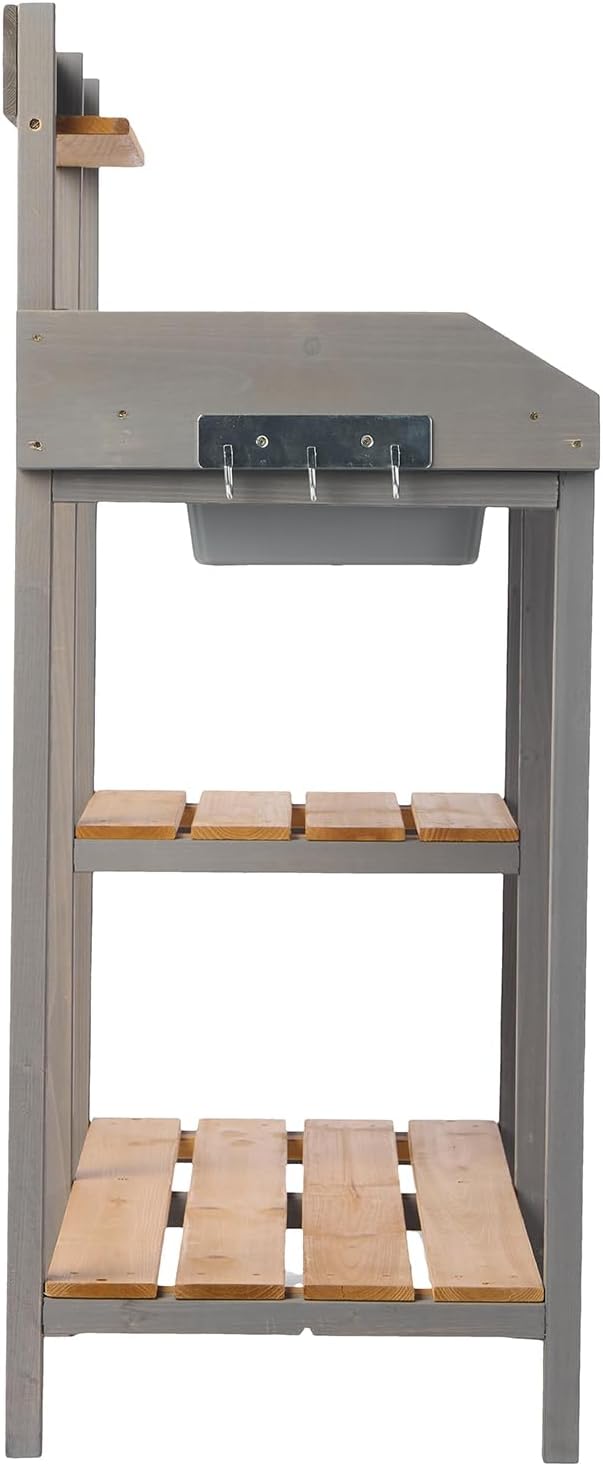 Outdoor Wooden Potting Bench Table with Sink, Garden Table Work Bench with Shelf, Workstation for Outside Patio Lawn (Open)