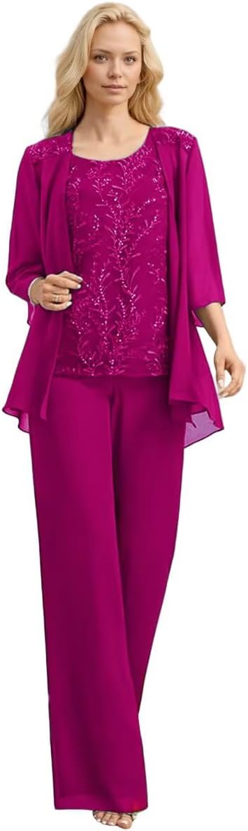 3/4 Sleeves Mother of The Bride Pant Suits with Jackets Laces Appliques 3 Pieces Chiffon Mother of The Groom Dress