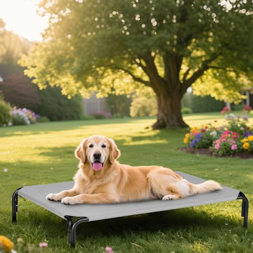 PVY Elevated Dog Bed for Outdoor, XXL Raised Dog Cot Indestructible with Washable Mesh, Cooling Summer Pet Cot Chew Proof for Outside Camping Travel, 51 inch Grey — view 5