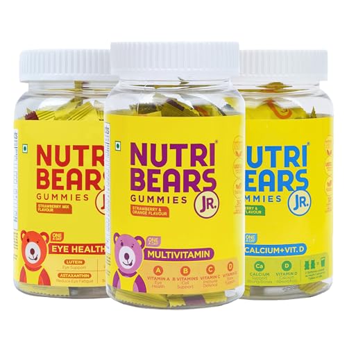 Image of NutriBears Multivitamin, Calcium and Eye Health Gummies for Kids, Combo Pack of 3 (90 Gummy Bears, Strawberry, Orange & Mango Flavour) Vitamin C, D, & Zinc for Immunity, Supplement for Strong Teeth and Bones