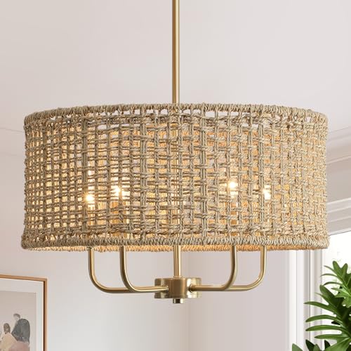VDWO 5-Light Rattan Chandelier Chandeliers for Dining Room, Boho Chandelier, Coastal Hand Woven Pendant Light Fixture for Kitchen Island Entryway Foyer Living Room Bedroom UL Listed Gold by VDWO - Used condition - US$100.79