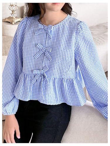 MakeMeChic Girl's Gingham Print Bow Knot Long Sleeve Round Neck Shirts Blouse Tops3