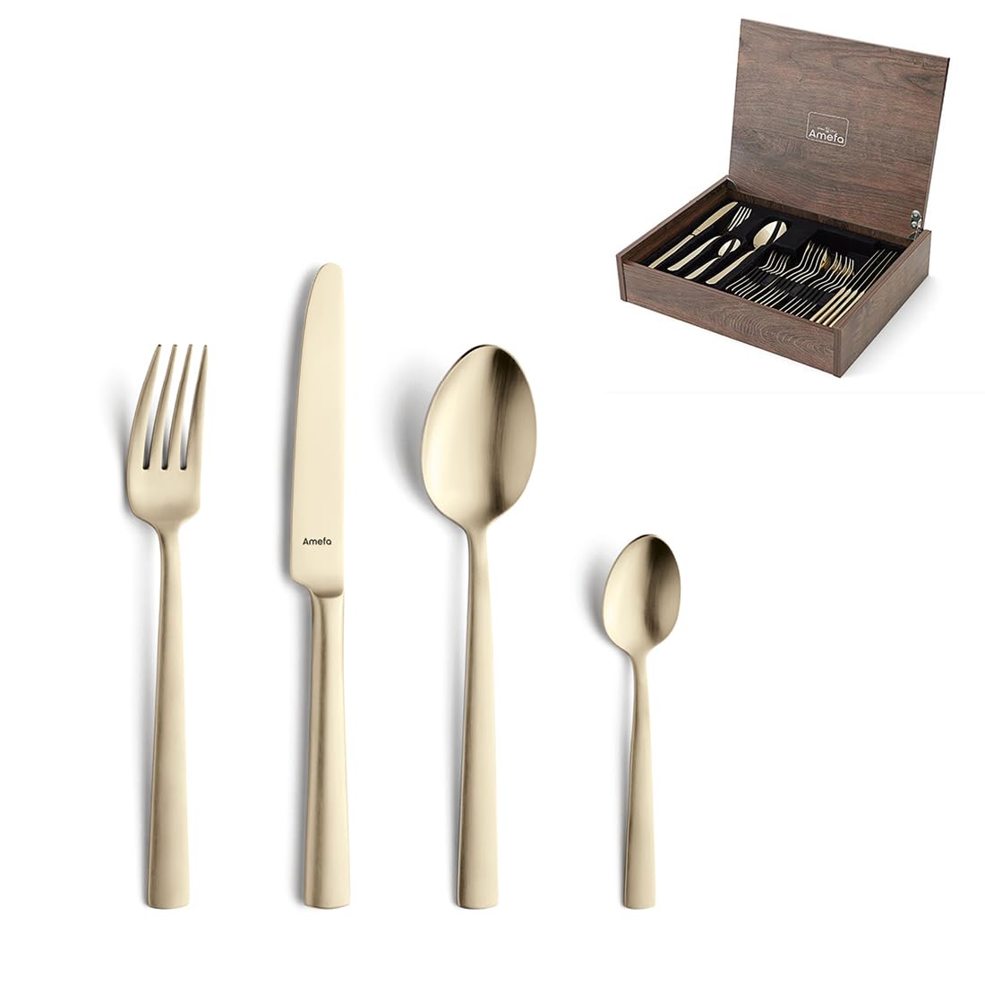 Amefa VENTURA Besteck Set 24-tlg., Edelstahl 18/10, PVD-Beschichtung | Champagner-Gold, Klingenstahl 13/0, Familienessen, Handwäsche empfohlen, mattierte Oberfläche, edles zeitloses Design