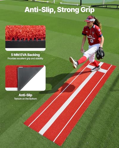 VEVOR Baseball-Schlagmatte Trainingsmatte (305 x 92 cm) Trainingspad Schlagkäfigmatte, Baseballmatte mit lichtechter Rasen & Rutschfester Schaumstoffrückseite, tragbare Softballmatte Pitching Rot