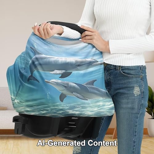 Image of ZFRXIGN Dolphin Baby Car Seat Cover Blue Ocean Theme Nursing Cover for Girls Soft Infant Carseat Canopy,Shopping Cart /High Chair /Stroller Covers, Baby Shower Gifts