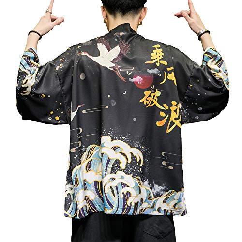 Image of Men's Japanese Kimono Robe Jacket Lightweight 3 /4 Sleeve Open Front Yukata | Silky Smooth Fashion Print Happi Coat Lightweight Breathable Loose Unisex Haori Casual Summer Cardigan Daily Beach Vacation