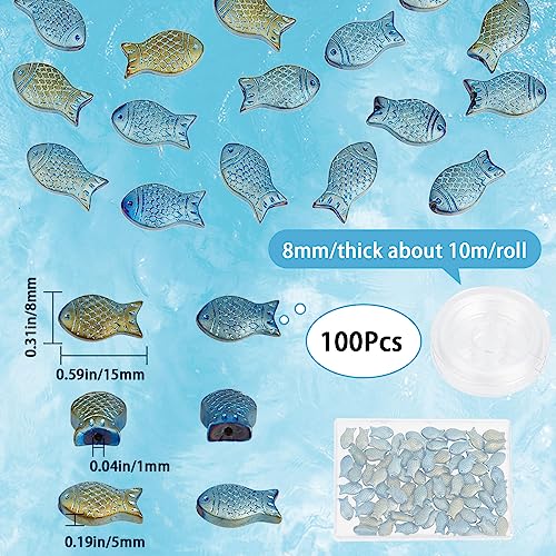SUNNYCLUE 1 Box 100Pcs Fish Beads Bulk Glass Fish Bead Charm Summer Sea Ocean Animal Spacer Beads Double Sided Small Fish Loose Bead for Jewellery Making Beading Kit Elastic Thread DIY Bracelet Craft - Image 2