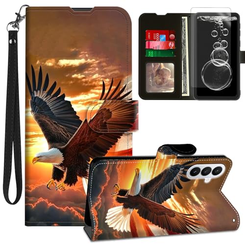 FKIUBWRY for Galaxy A57 5G Phone Case,for Samsung Galaxy A57 Case with Screen Protector & Kickstand & Wrist Strap & Card Holder Leather Flip Fold Wallet Magnetic Heavy Duty,Cute Eagle Flag
