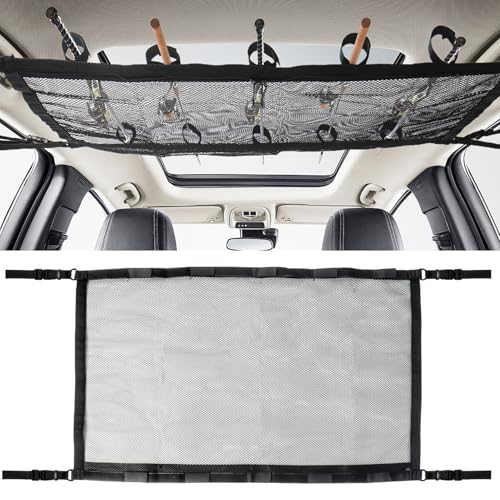 Klmnop Car Fishing Rod Holder, Double Layers Ceiling Fishing Rod Storage Net with 5 Rod Capacity and Zipper, Foldable Mesh Fishing Rod Storage for Car Inside(Black)