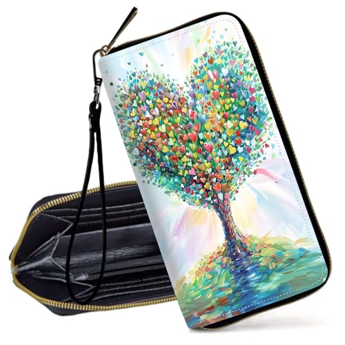 RFID Blocking Wristlet Wallet for Women – Slim PU Leather Zipper Clutch, Cute Credit Card Holder Purse with Wrist Strap for Ladies,Heart-shaped Tree and Leaves