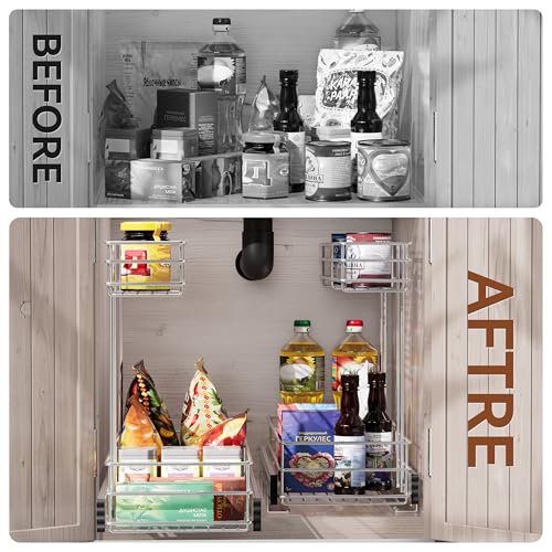 Image of Under Sink Organizer 9 inch W X19 D, Pull Out Cabinet Organizer 2 Tier | 2 Pack, Chrome Plated, Full Slide Out, Under Kitchen Bathroom Sink Organizer, Pantry Cabinet Closet Organization Rack