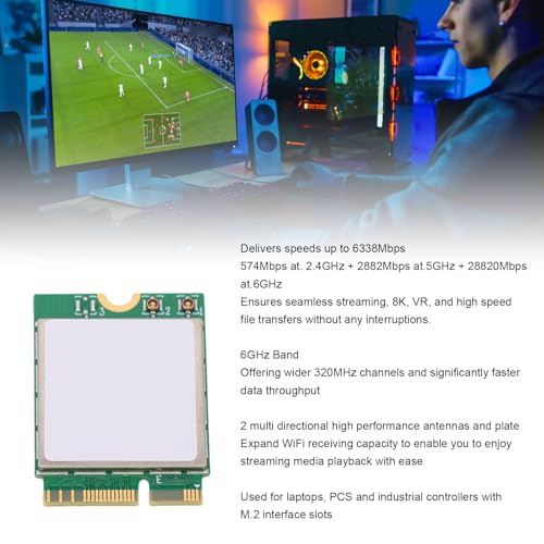 Yunseity Tarjeta de Red Inalámbrica WiFi 7, Adaptador M.2 para PC de Escritorio 5.4, Chipset RTL8922AE, 6338 Mbps en 2.4G+5G+6G, Banda compatible con Windows 10 y 11, Antena dual 8dBi miniatura 3