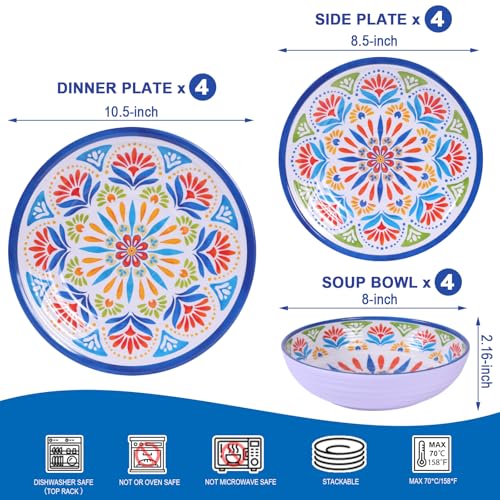 Image of Dinnerware Set 12Pcs Melamine Plates and Bowls (Blue Flower) | Wedding Gift,Parties,Home,Service,Durable,Floral Pattern,Tableware Dinner, Salad Dessert Plates,Housewarming
