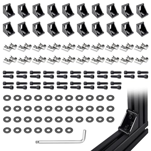 Image of 20 Sets Black 4040 Aluminum Extrusion Connector Kit - 20pcs Corner Brackets, 40pcs M6 Spring T-Nuts & Hex Screws, 2 Hex Wrench - for 8mm T Slot Extruded Aluminum Accessories Hardware