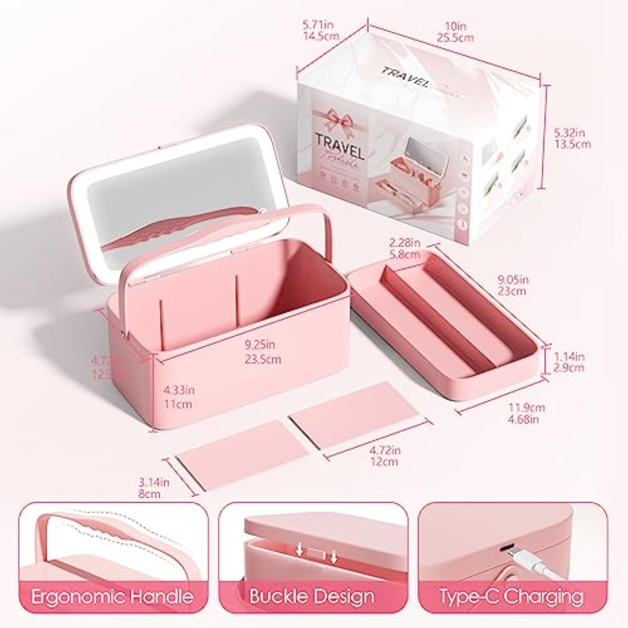 Makeup Train Case with Mirror and Light, Portable Organizer