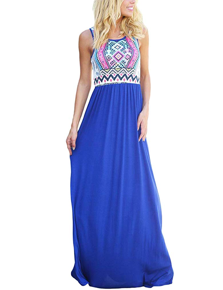 Sherosa Women Boho Chevron Striped Floral Printed Summer Sleeveless Tank Long Maxi Party Dress