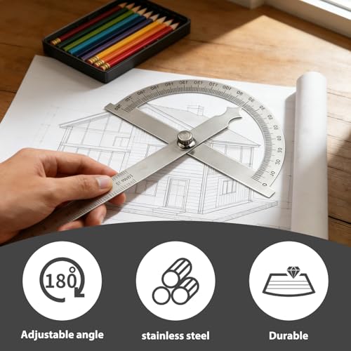 Winkelmesser Metall 0-180 Grad Protractor Gradmesser Goniometer Edelstahl 15 cm Präzisions-Winkelmesser mit Feststellschraube & Lineal-Skala, Metall-Gradmesser für Tischler, DIY, Schule & Zeichnen