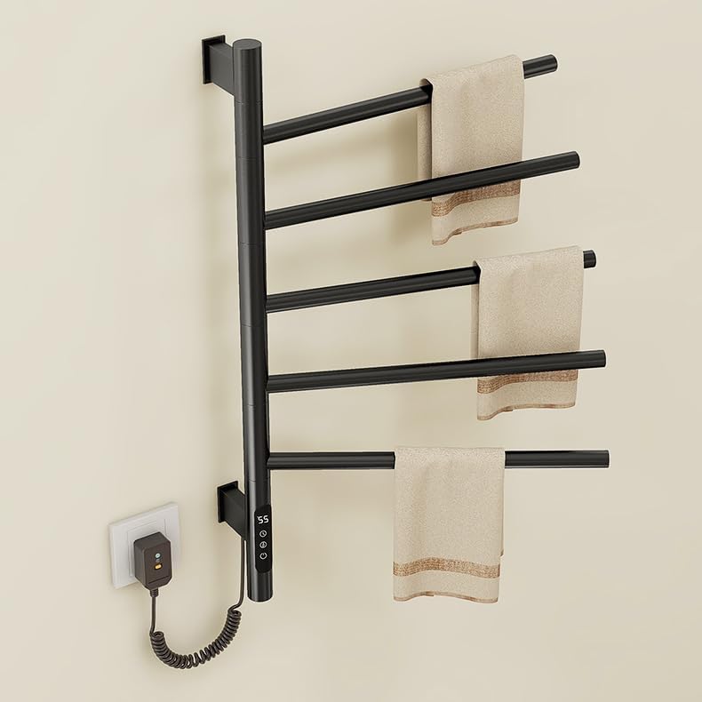 Electric Heated Towel Rack, 5-Bar Rotating Design, Wall-Mounted, Black, Touch Panel Control with Timer, Hardwired or Plug-in 110V (Black)