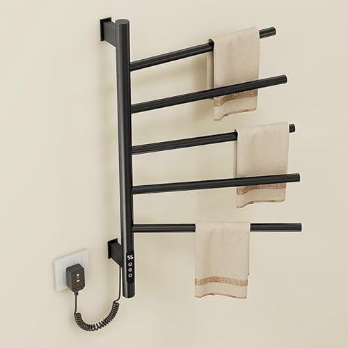 Kewinsent Electric Heated Towel Rack, 5-Bar Rotating Design, Wall-Mounted, Black, Touch Panel Control with Timer, Hardwired or Plug-in 110V (Black)