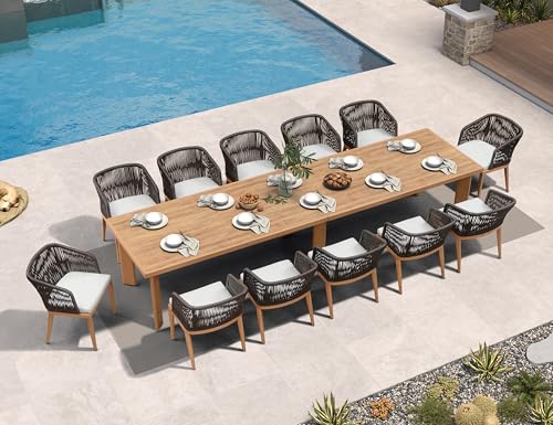 Image of PURPLE LEAF Outdoor Dining Set for 12 with Sunbrella Cushion Chairs Teak
