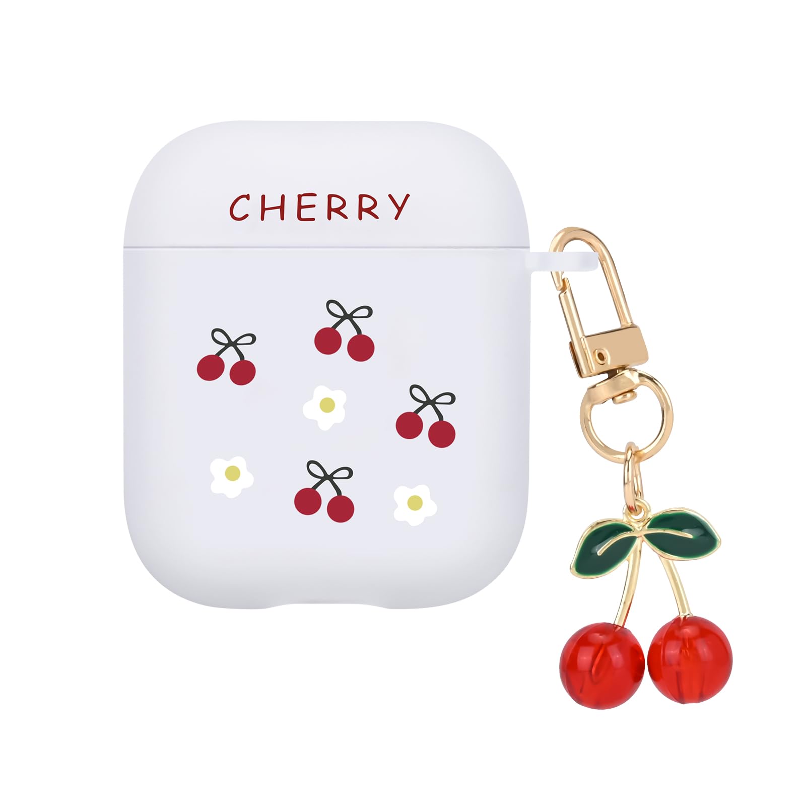 Cute Cherry Case for AirPods 1/2 Cover with Lovely Cherry Keychain, Flowers Design Women Protective Shockproof Soft TPU Premium Cover for Airpods 2nd Generation
